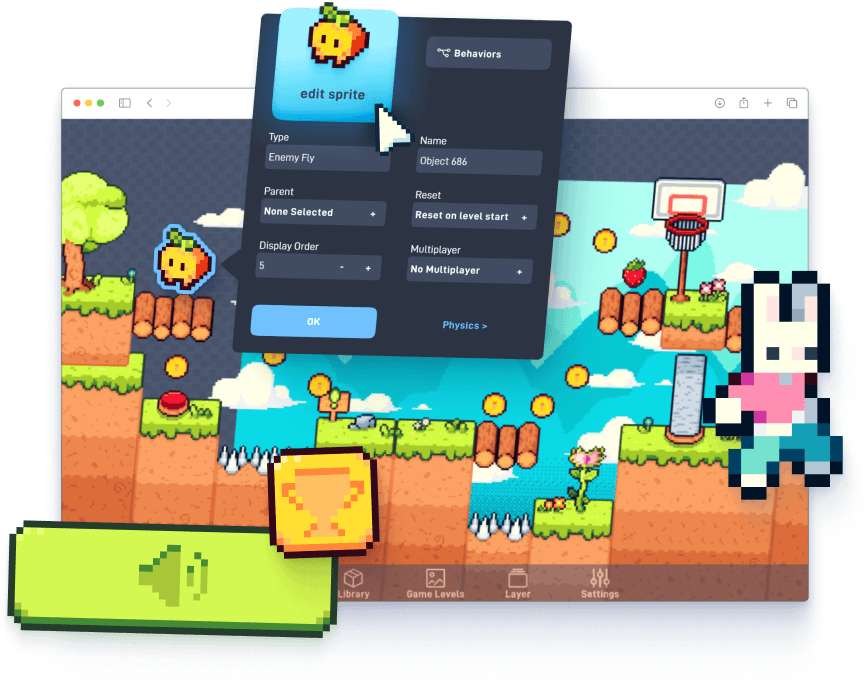 The Flowlab level editor with a game scene and object settings open