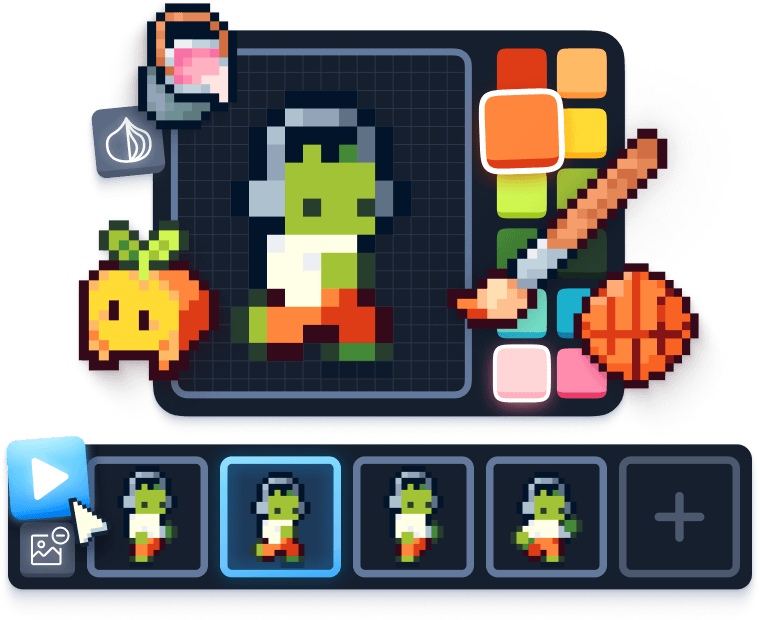 The sprite editor with a character on the canvas, palette, and animation frames