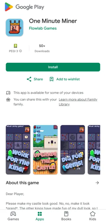 One Minute Miner listed on Google Play
