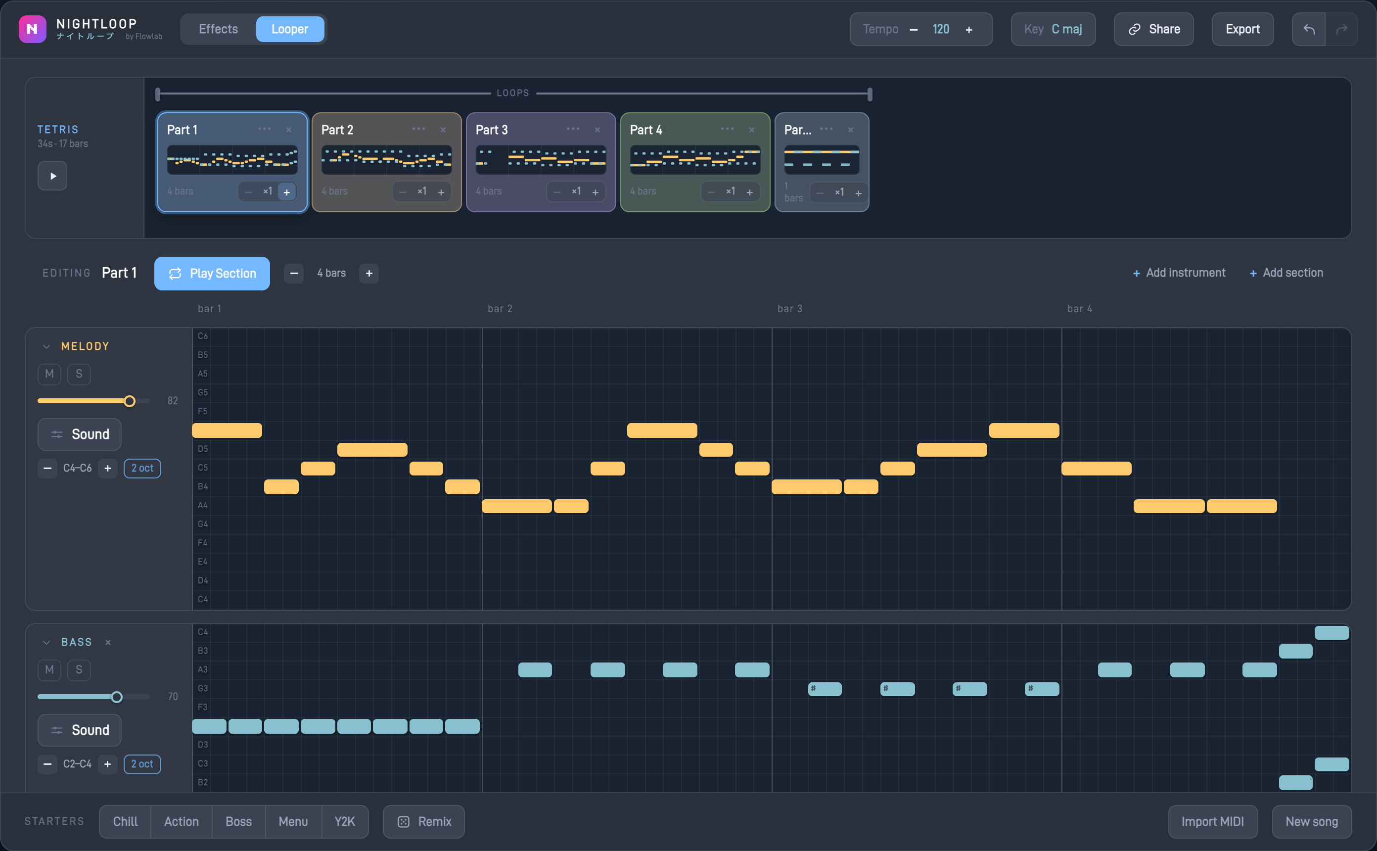 The Nightloop app: song strip, note grids, and drum sequencer