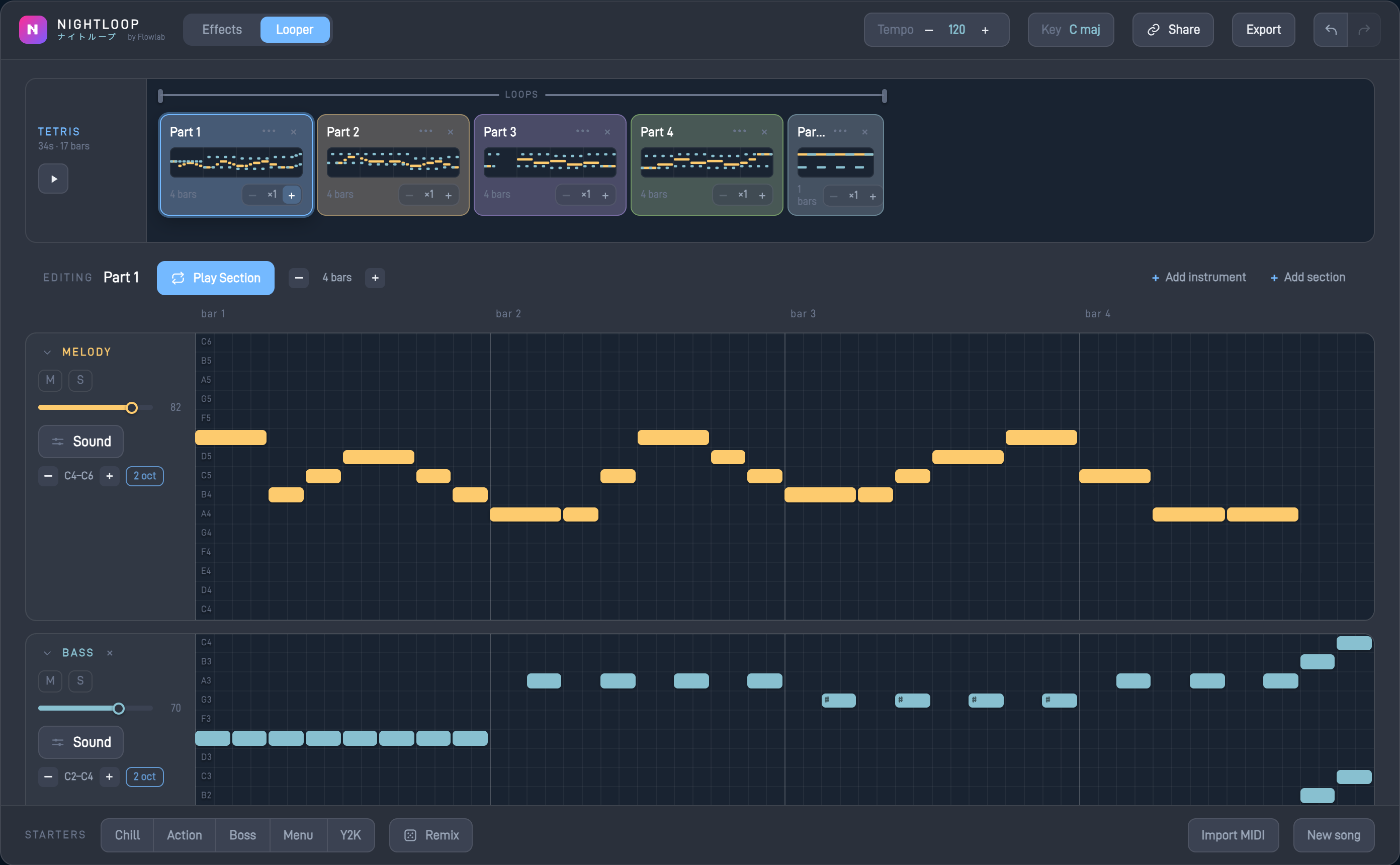 The Nightloop music looper: song strip with section cards and note grids