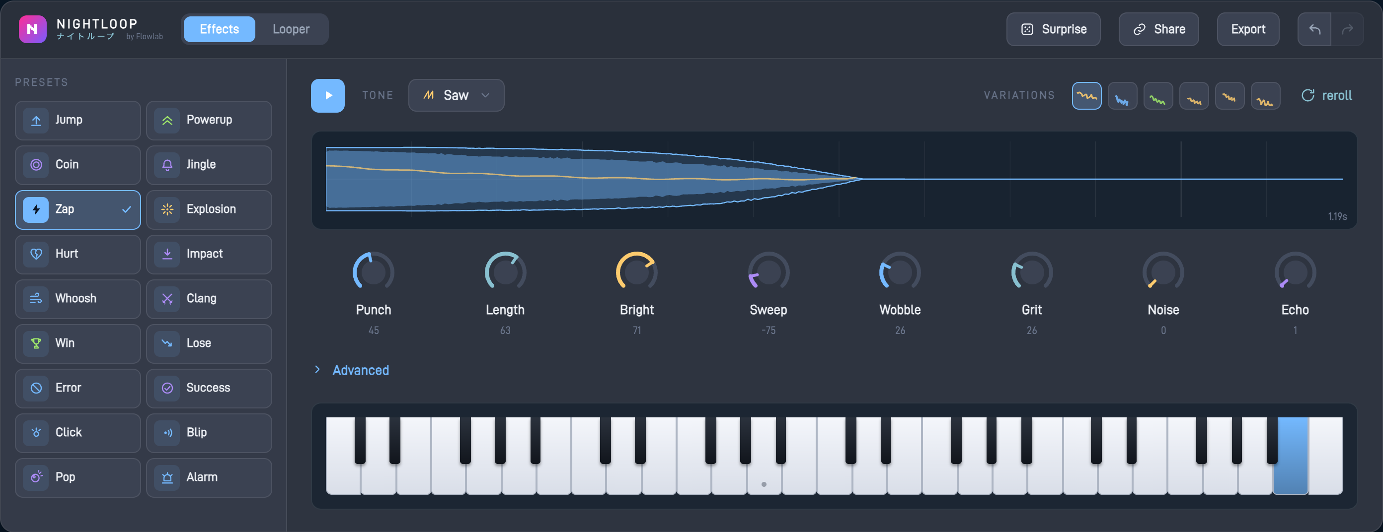 The Nightloop sound effects screen: preset rail, waveform scope, knob bank